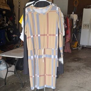 Elegant Long Sleeve Plaid Dress in Beige and Blue